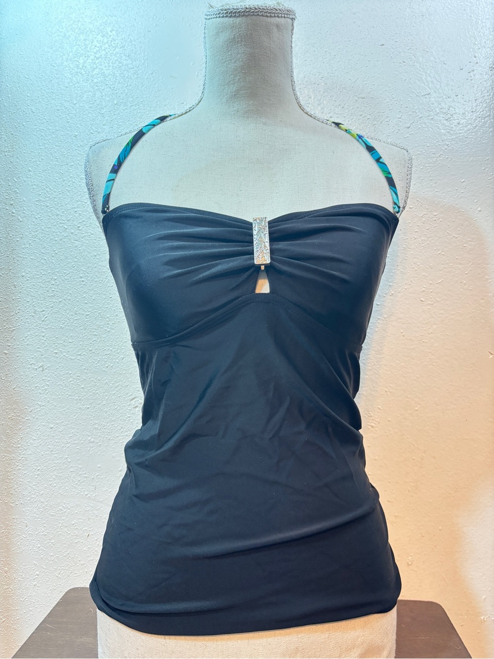Mudd Black Tankini Top with Teal Strap Detail